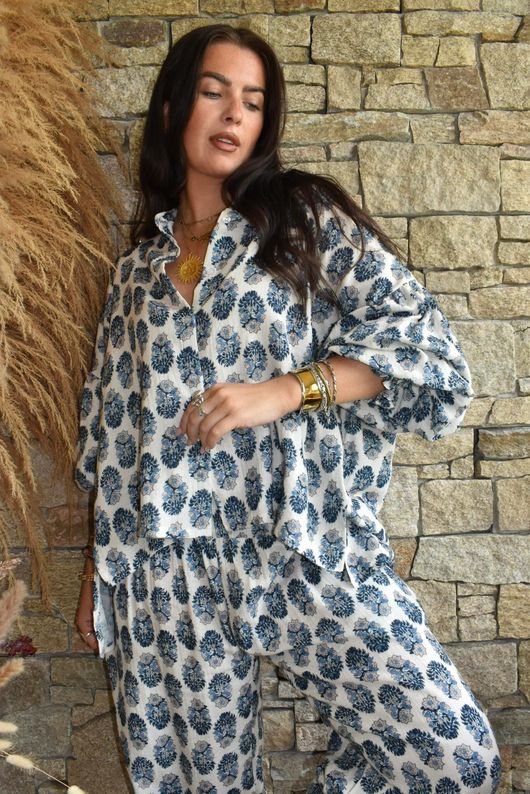 Daughter Of Ibiza Indira Balloon Sleeve Shirt French Navy & Denim 